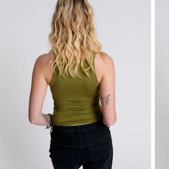 ONE TEASPOON Worn Khaki Olive Green Miami Bamboo Logo Tank Top Size Medium NWT - Picture 2 of 6